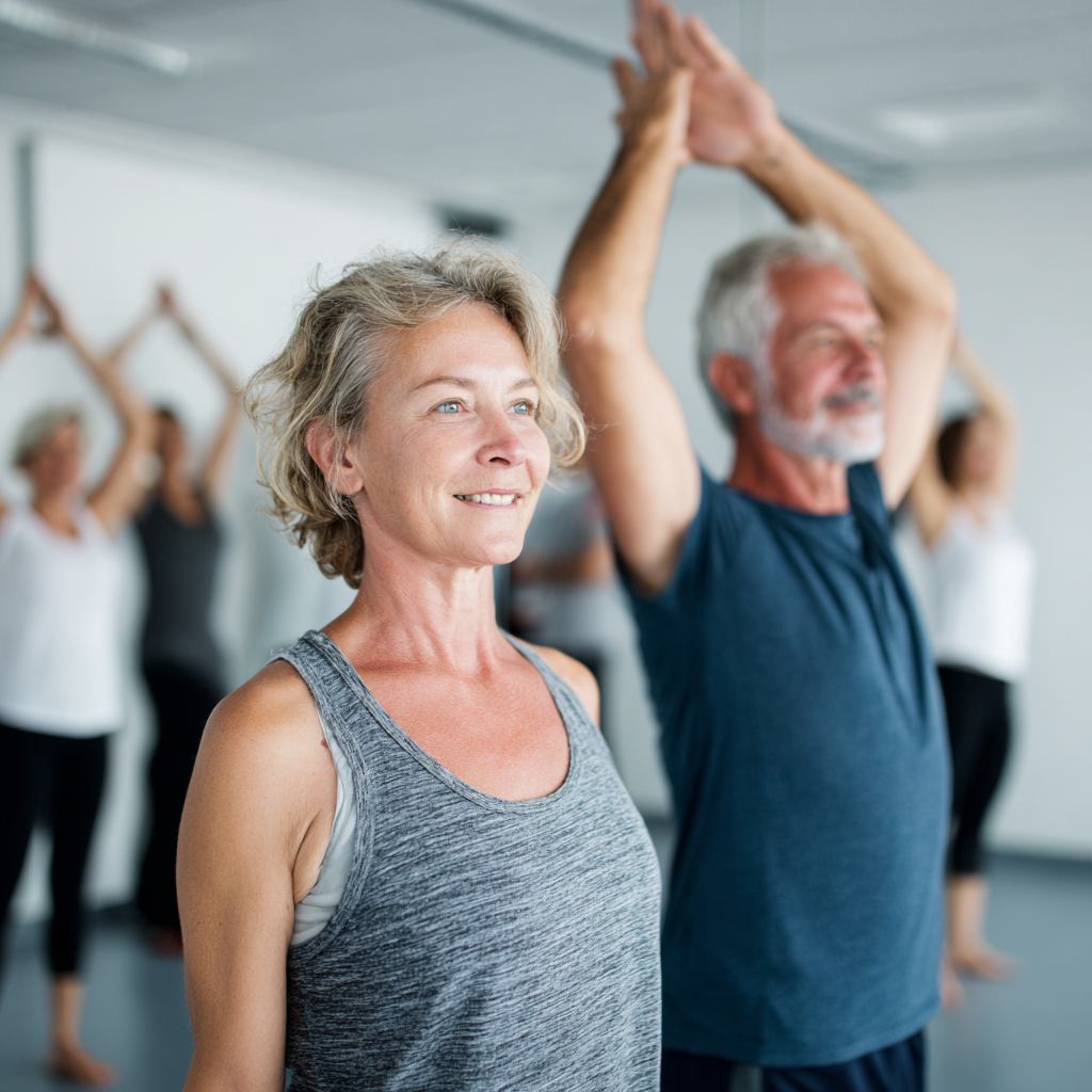 Middle-aged adults practicing functional movement exercises in a bright studio environment