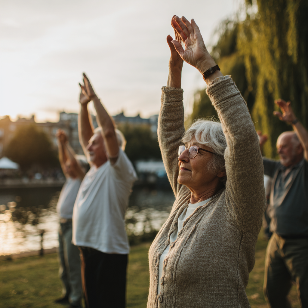 Older adults engaging in gentle movement exercises outdoors in a peaceful setting
